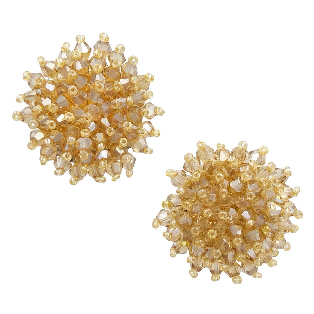 Topaz Gold Glass Beaded Burst Large Statement Handmade Stud Earrings